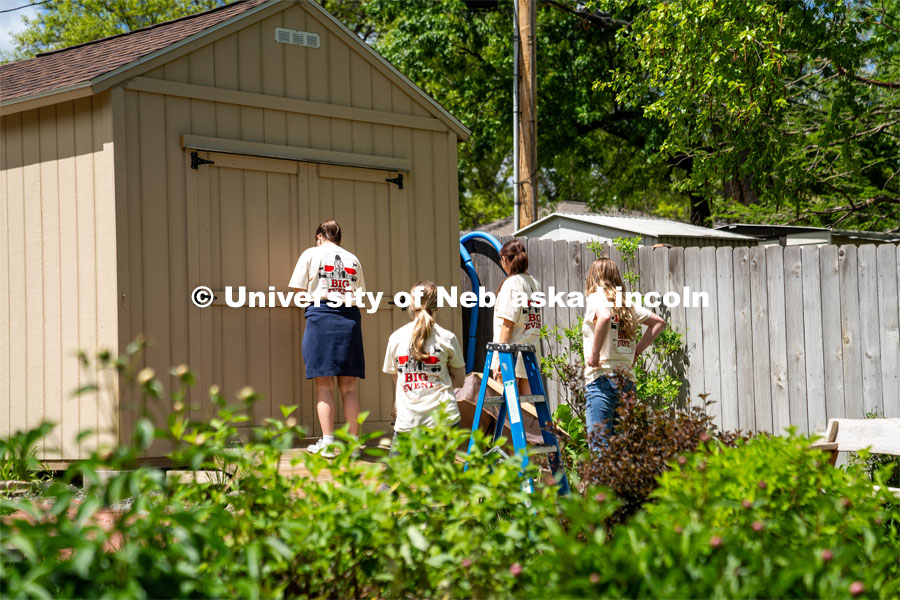 Members of Tri Delta, Sophie Helm, Alyssa Dunlap, Rachel Nelson, and Kate Freeman, go to a homeowner’s shed to put away tools that were provided to them during the Big Event. May 4, 2024. Photo by Kirk Rangel for University Communication.